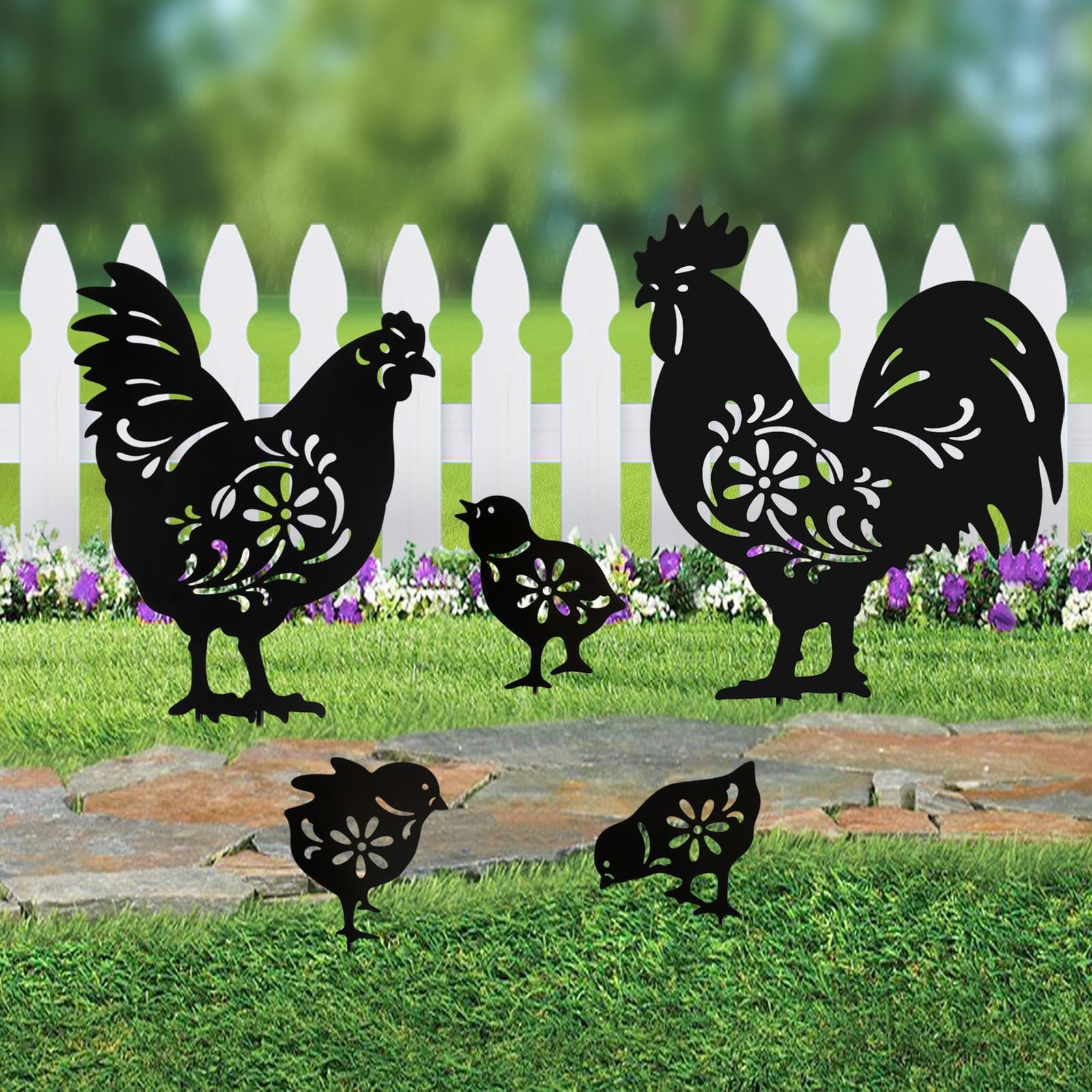 Metal Chicken Garden Decor 5 Pack Rooster, Hen, Chicks Yard Art Statues