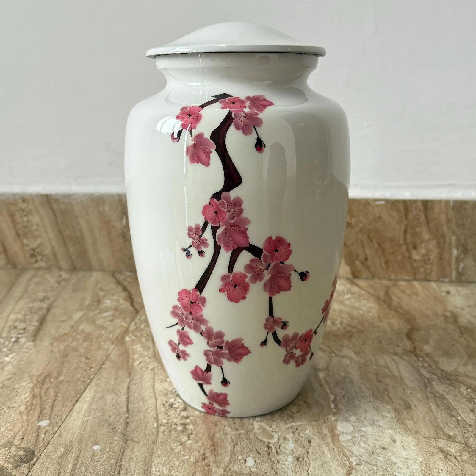 Cherry Blossom Cremation Urn, Pink Flowers, Funeral Urn 200 cu in (white)