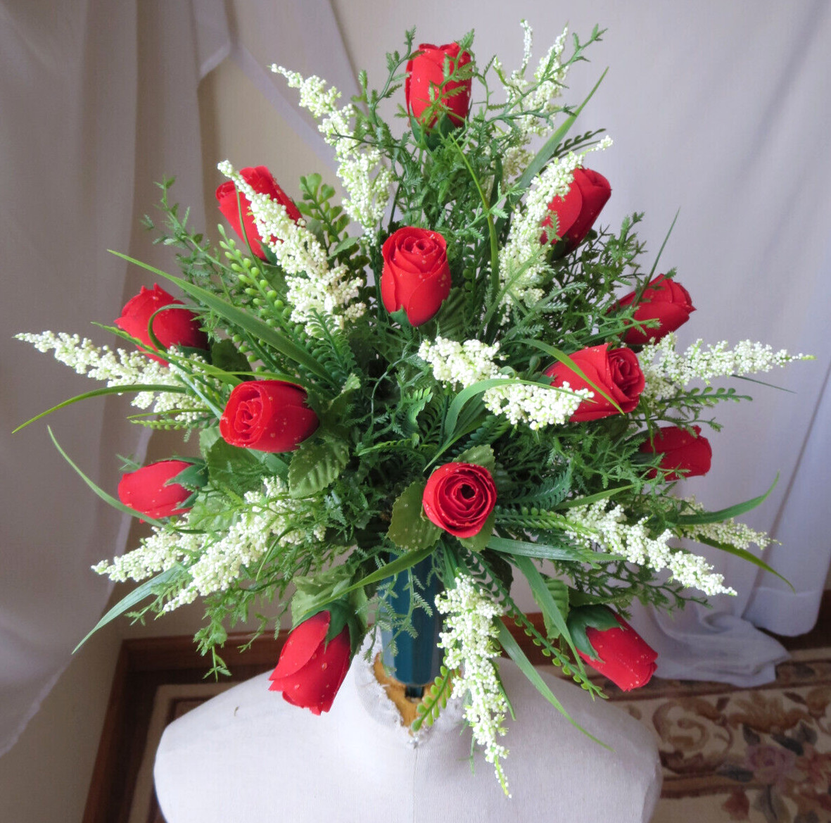 MEMORIAL CEMETERY GREEN VASE ARTIFITIAL FLORAL ARRANGEMENT 18″x 14″ NEW