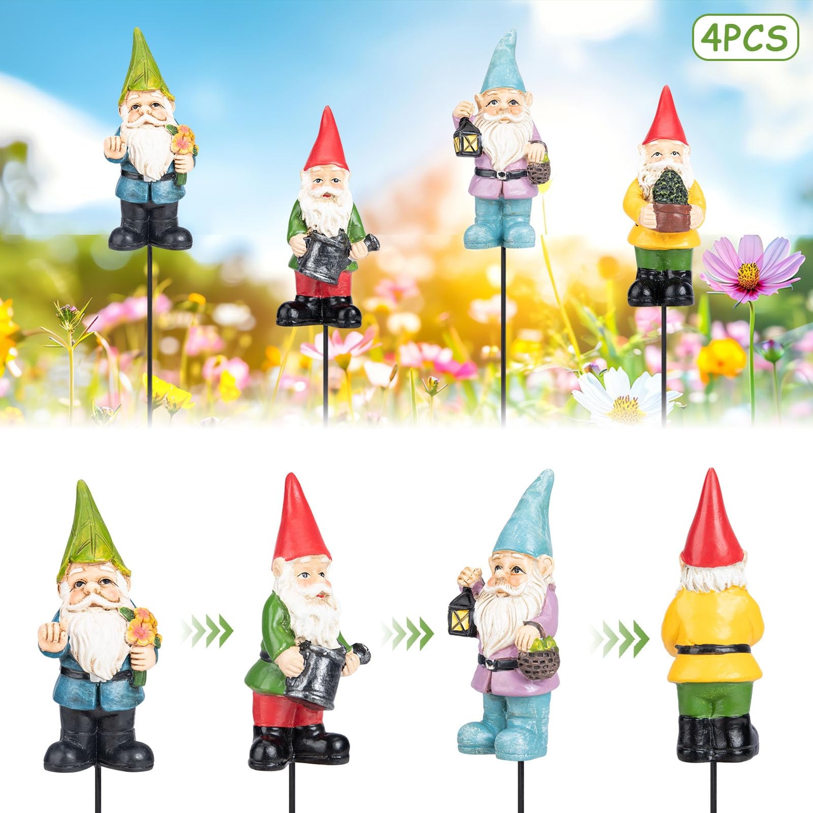 Garden Gnome Statues Set of 4, Resin Miniature Figurines for Outdoor Decor