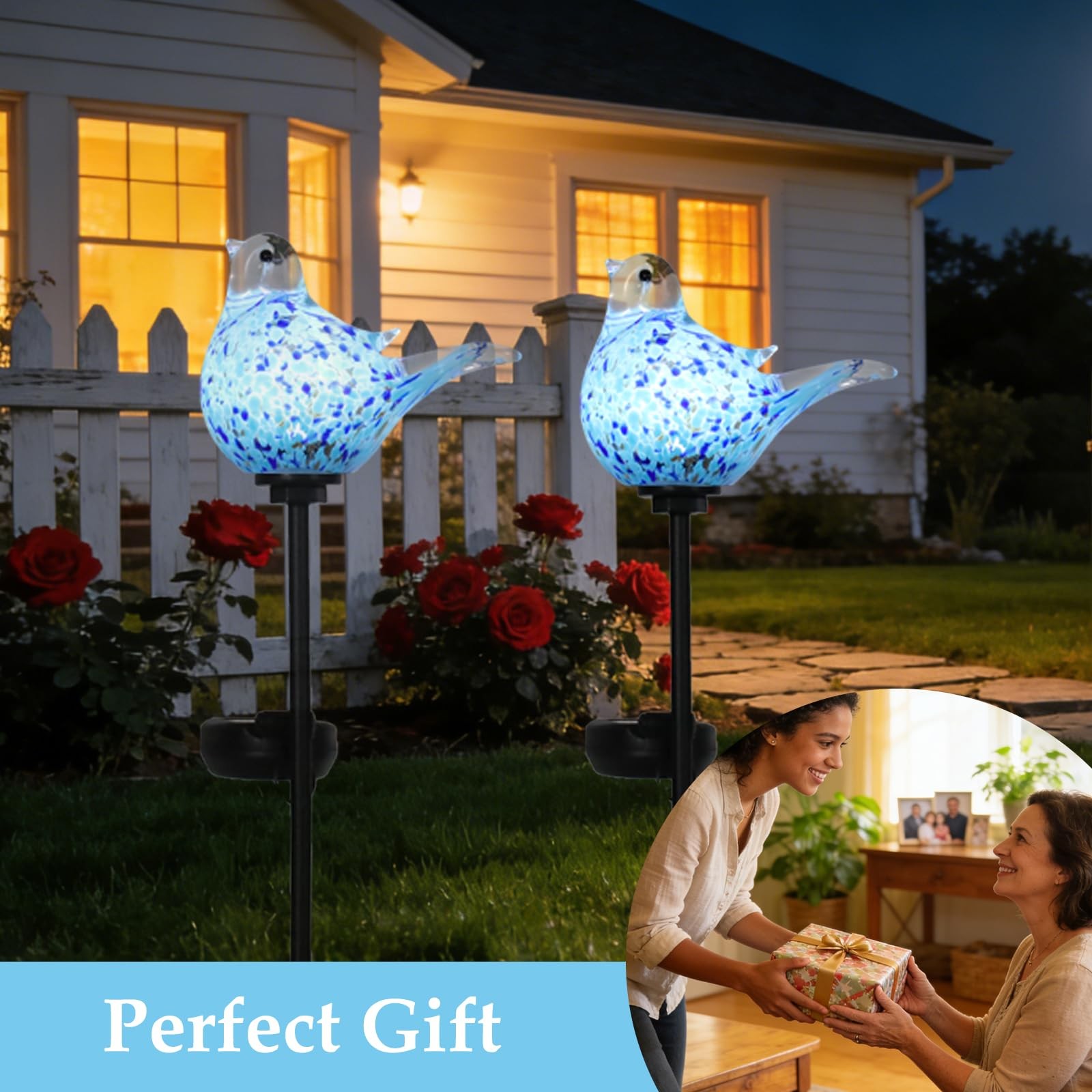 MUMTOP Solar Garden Lights Outdoor Blue Bird Hand-Blown Glass Solar Stake Lig…