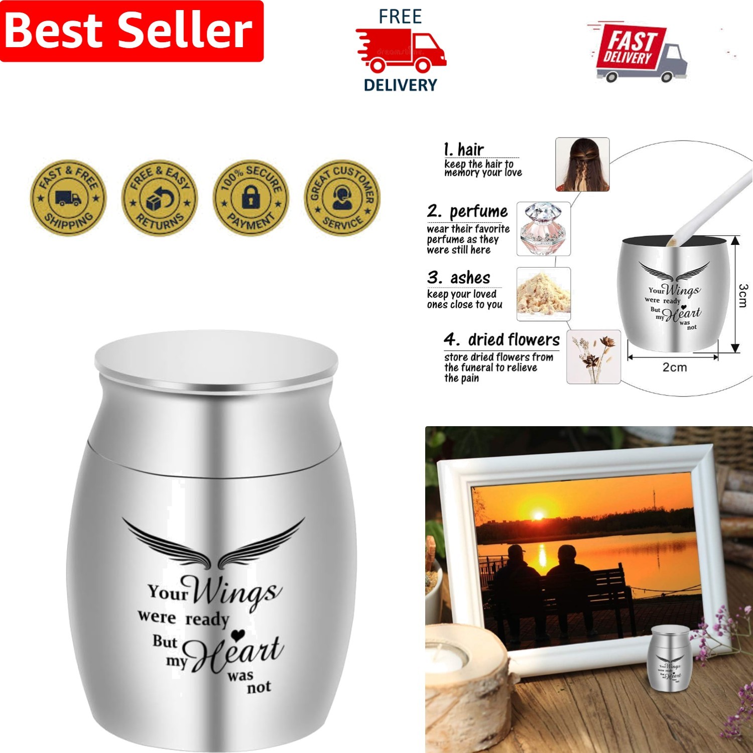 1.57 Inch Handcrafted Cremation Urn – Stainless Steel with Silver Wings Pattern