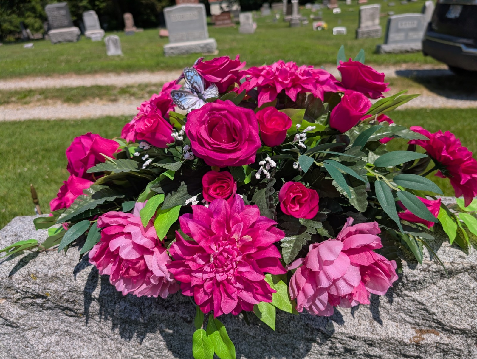 Hot Pink Cemetery Saddle, Memorial Flowers for Grave, Floral Headstone Saddle