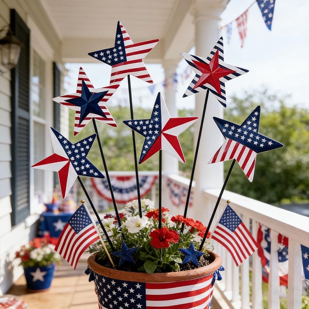 4th of July Outdoor Decorations 6 Metal Patriot Star Garden Stakes