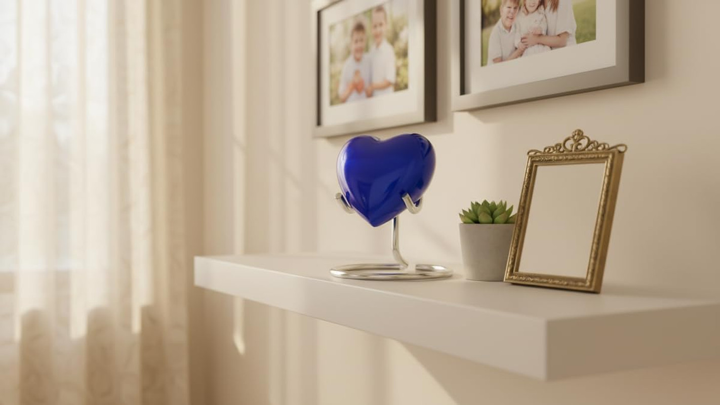 Beautiful Blue Heart Cremation Shape Urn for Ashes/Heart Keepsake Urn with Stand