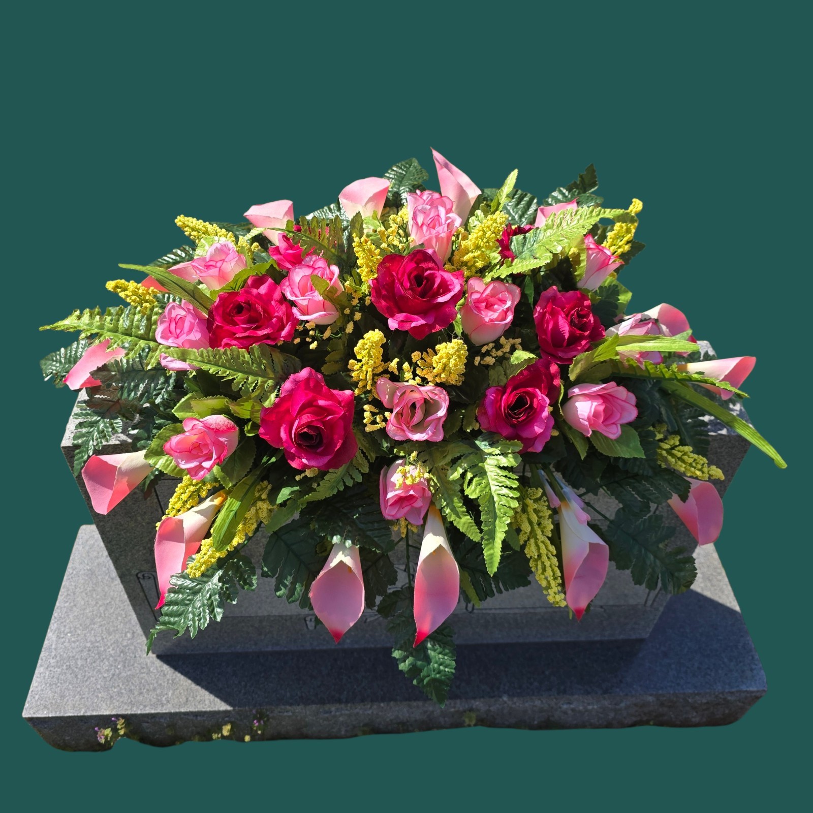 BEAUTY PINK HEADSTONE SADDLE WITH BEAUTY ROSES AND CALLA LILY’S FOR CEMETERY