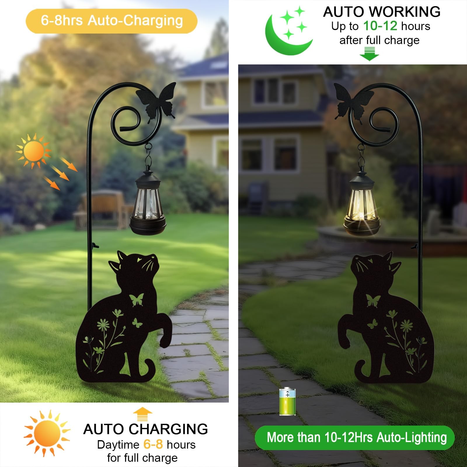 Metal Cat Stake with Solar Lights | Outdoor Garden Decor and Lawn Ornaments