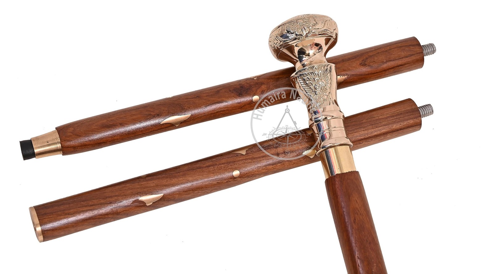 Victorian Brass Handle Walking Stick – Telescope Foldable Wooden Cane, for
