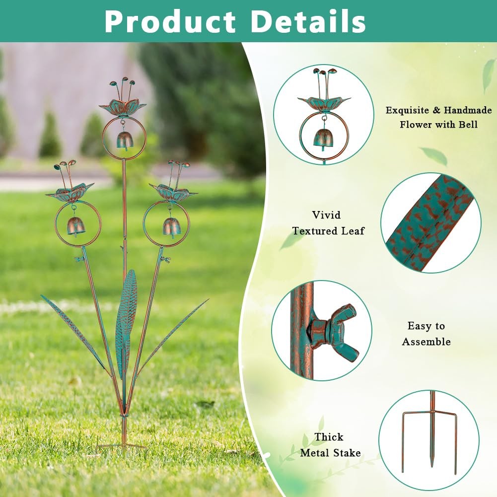 Calla Lily Garden Stake with Bells, Metal Flower Decorative Garden Stakes, 34″ H
