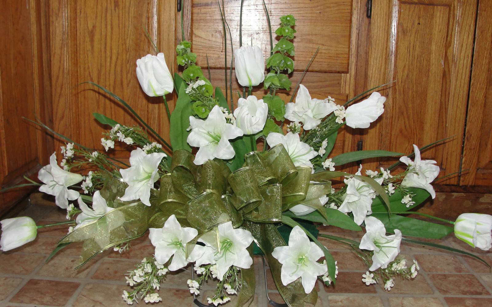 Valentines Cemetery Silk Flower Arrangement Memorial White / Sage Bells Ireland