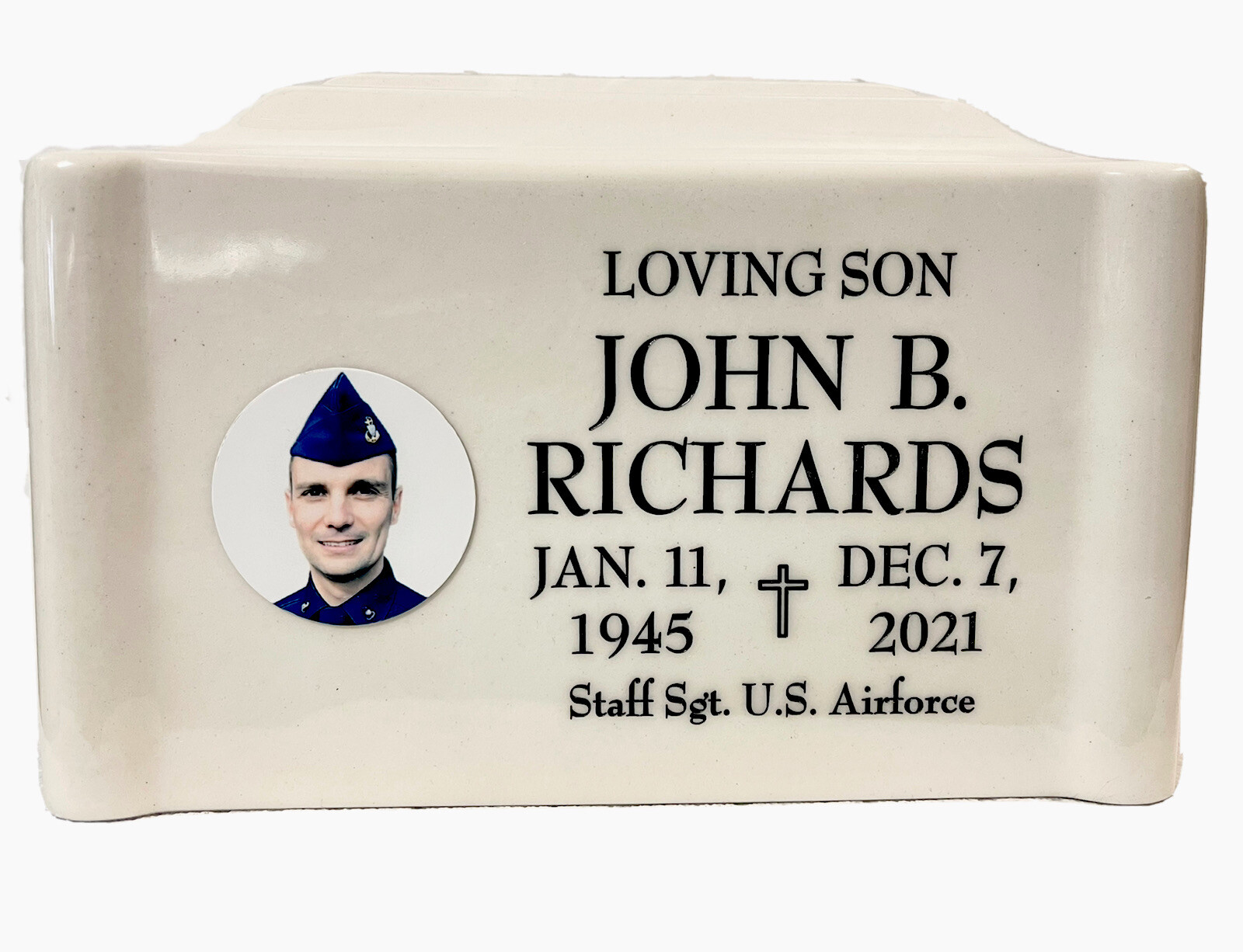 White Cremation Urn Vault w/ Photo & Laser Engraved Name Dates & Picture Emblem