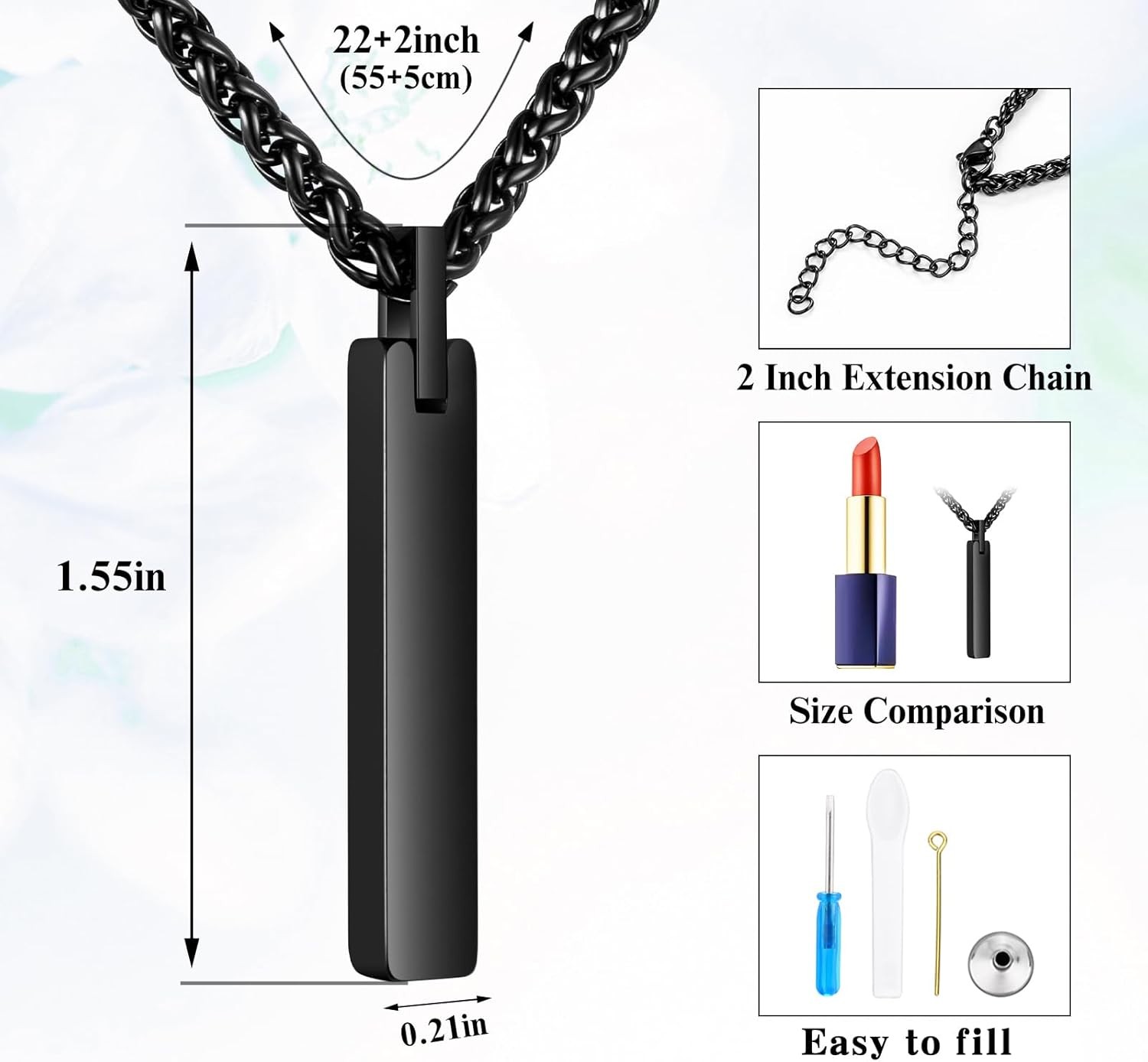 Black Urn Necklace for Ashes Cremation Jewelry Memorial Gift for Men Women 22+2″