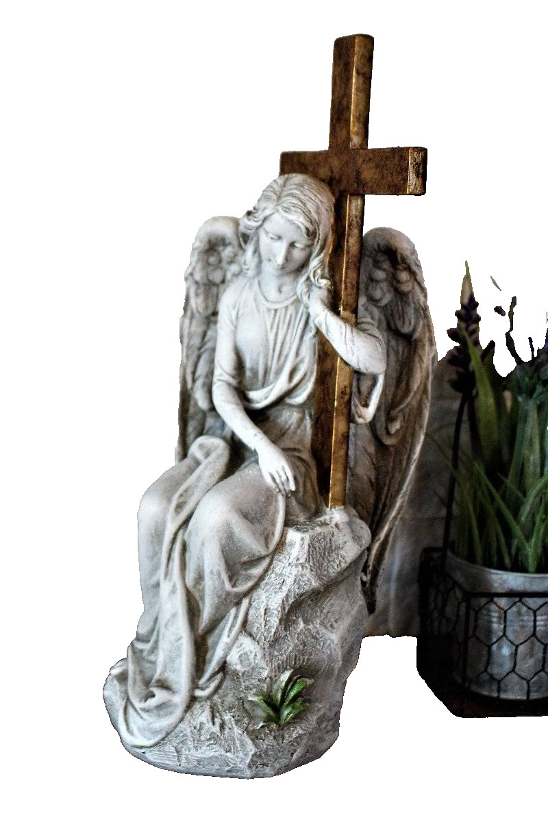 Memorial Statue Angel and Cross Comforting mourning angel Durable resin 13 in