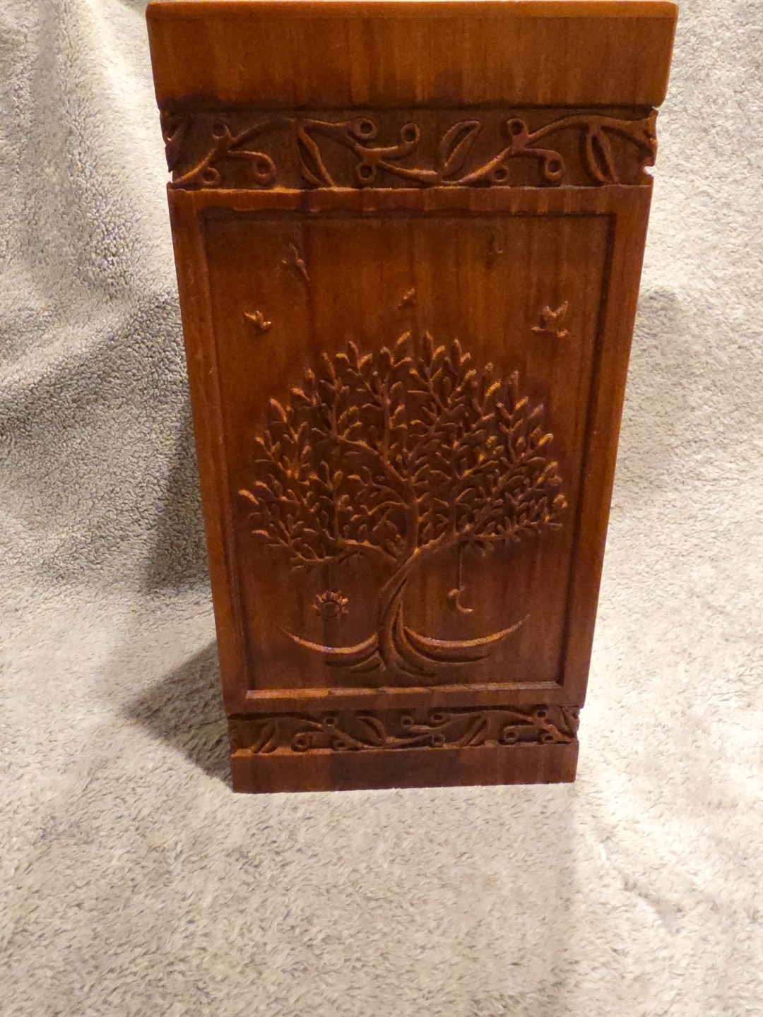 Handcarved Wooden Cremation Urn Tree of Life Celestial Sun And Moon Approx 11×6″