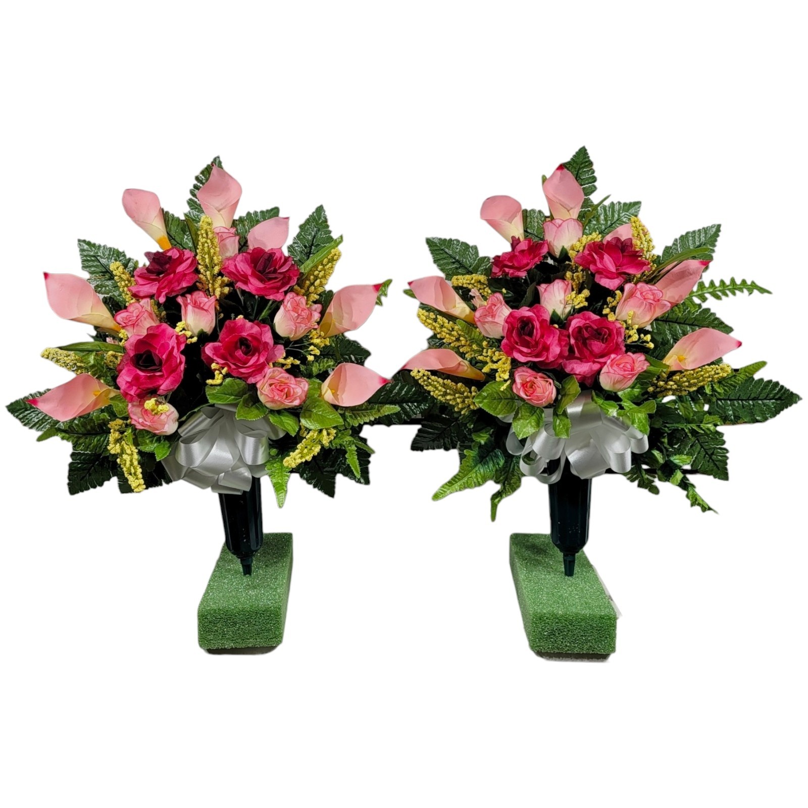 Beauty Pink Calla Lily & Rose Cemetery Flower Cone Pair