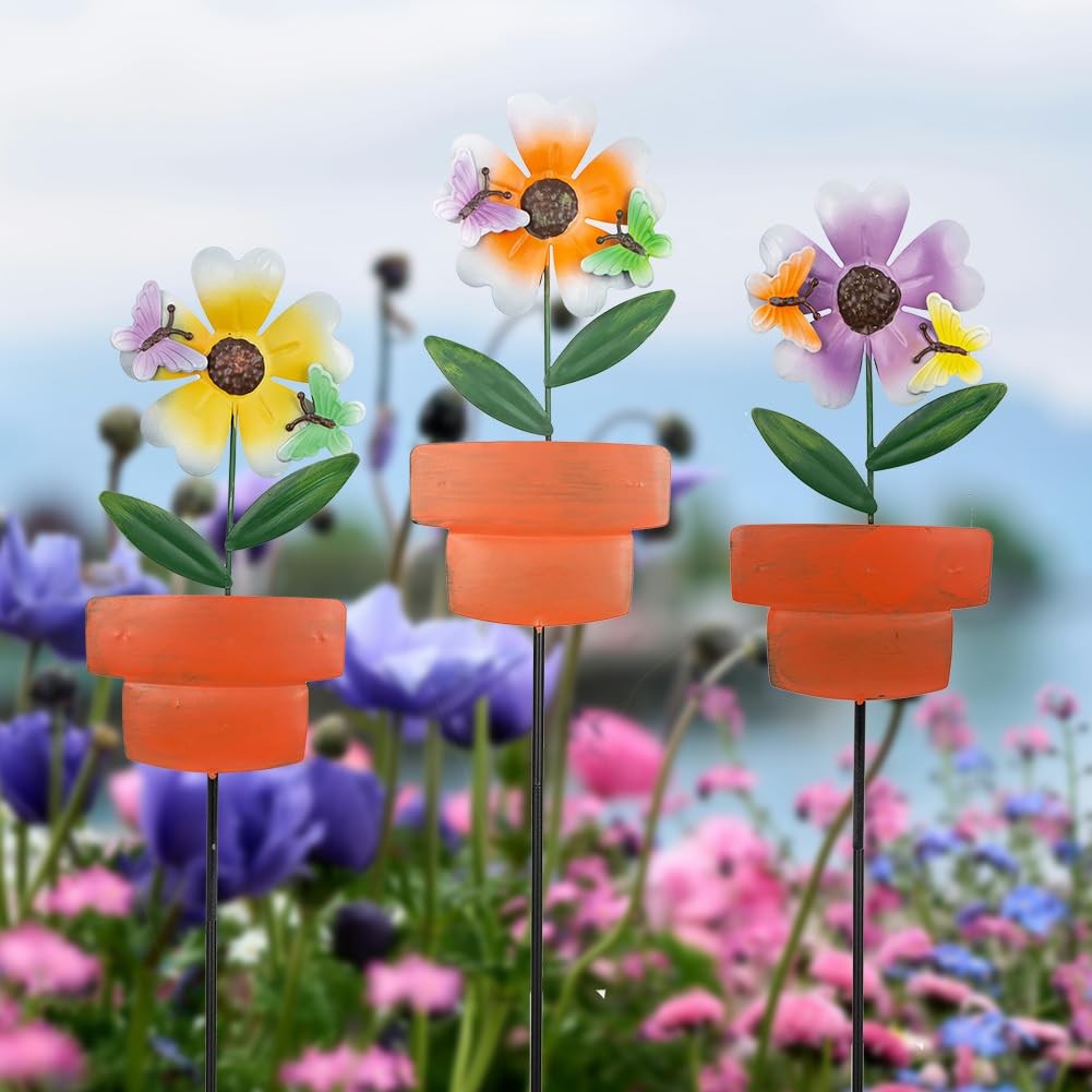 Metal Garden Stakes 3 Pack Decorative Flower Stakes for Outdoor Decor