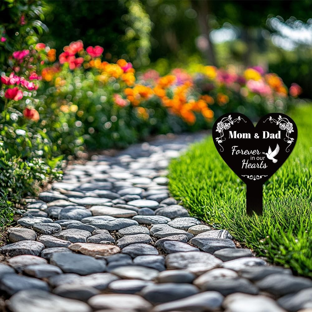 Heart Shaped Mom and Dad Garden Stake for Parents Memorial Remembrance Plaque…