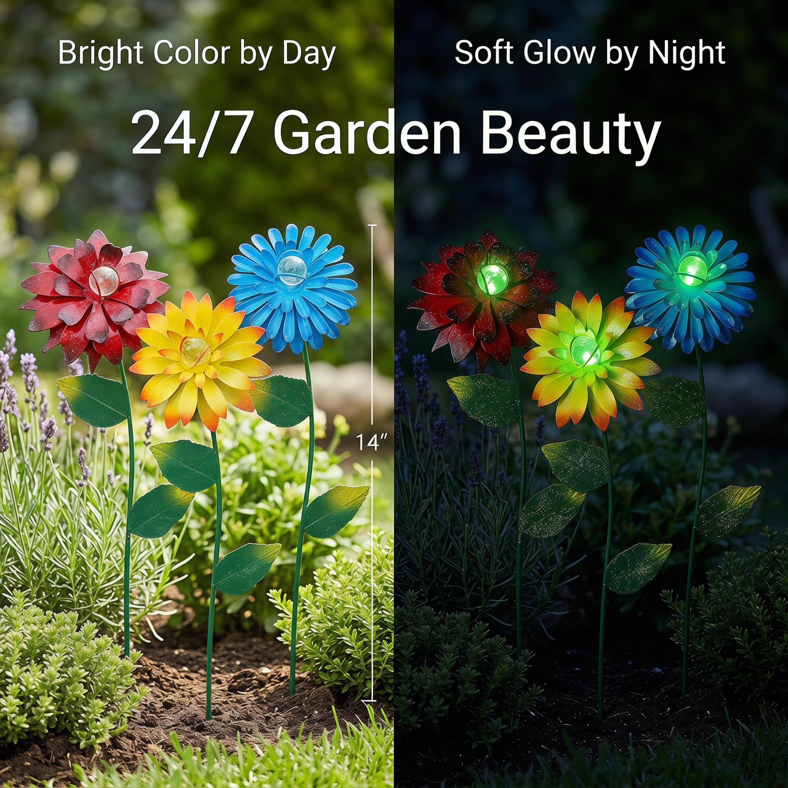3 Pack Glow in The Dark Metal Flower Garden Stakes – 14-Inch Waterproof Rust-…
