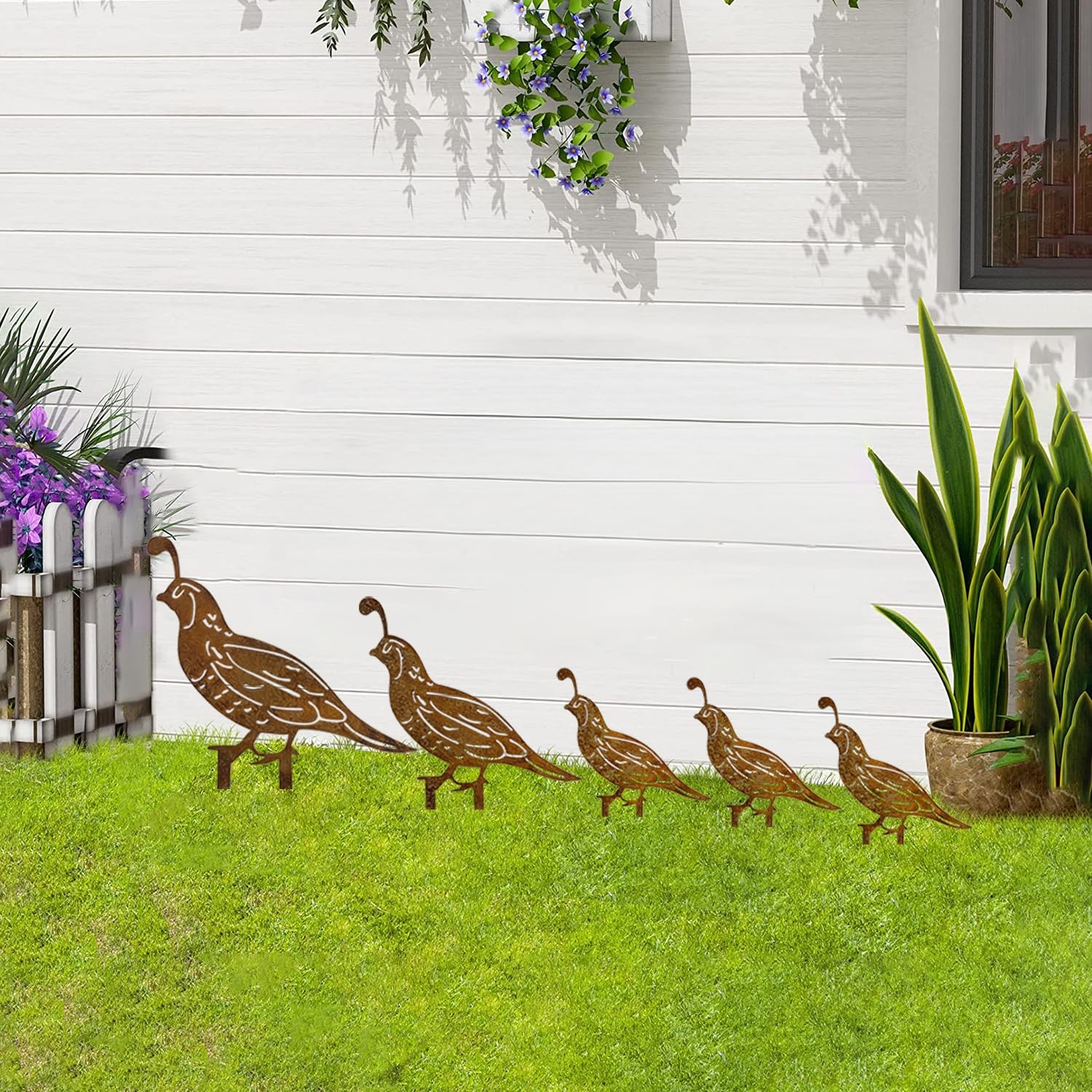 5PCS Rusty Quail Family Decorative Garden Stakes, Metal Birds Yard Decor, Bir…