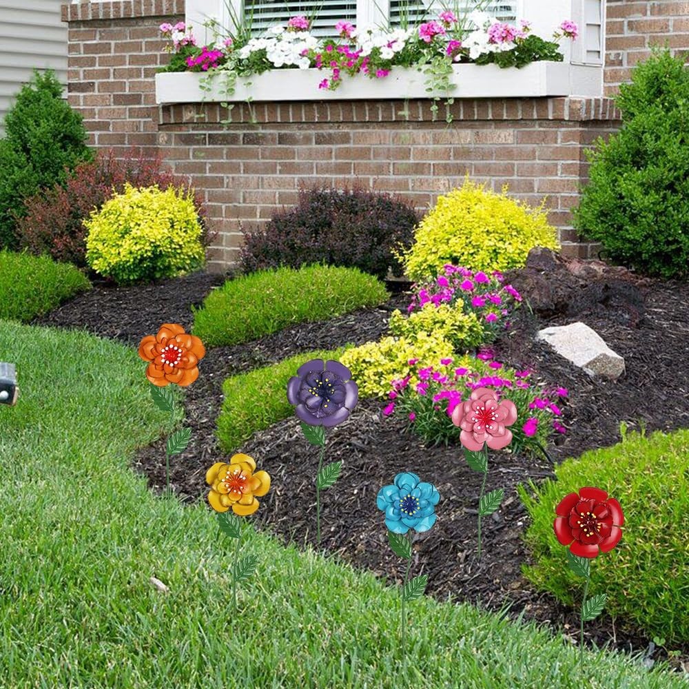 Garden Decor for Outside, Set of 6 Metal Flowers Decorative Garden Stakes for Sp