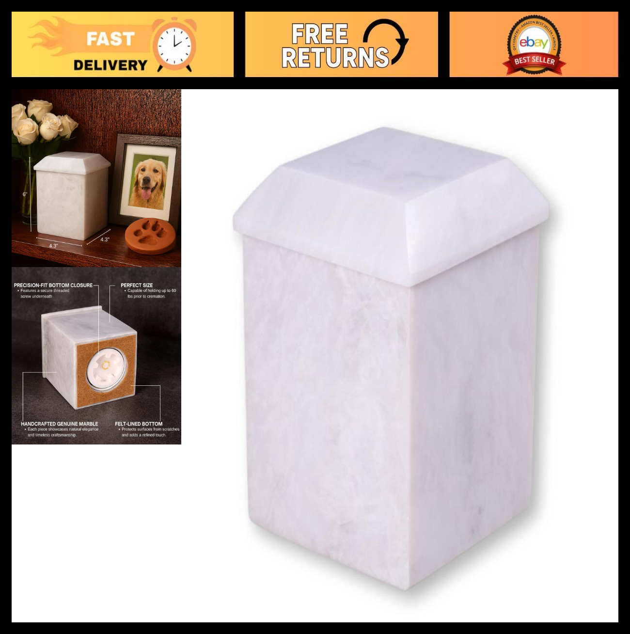 White Marble Cremation Urn for Human Ashes – Medium Memorial Urn, Holds 60 lbs