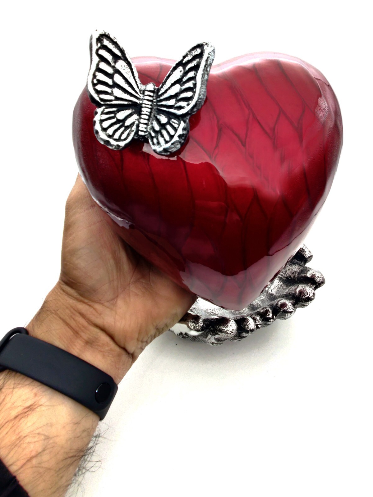 RED Butterfly Heart Cremation Urn for Ashes with Hand Shape Stand Memorial
