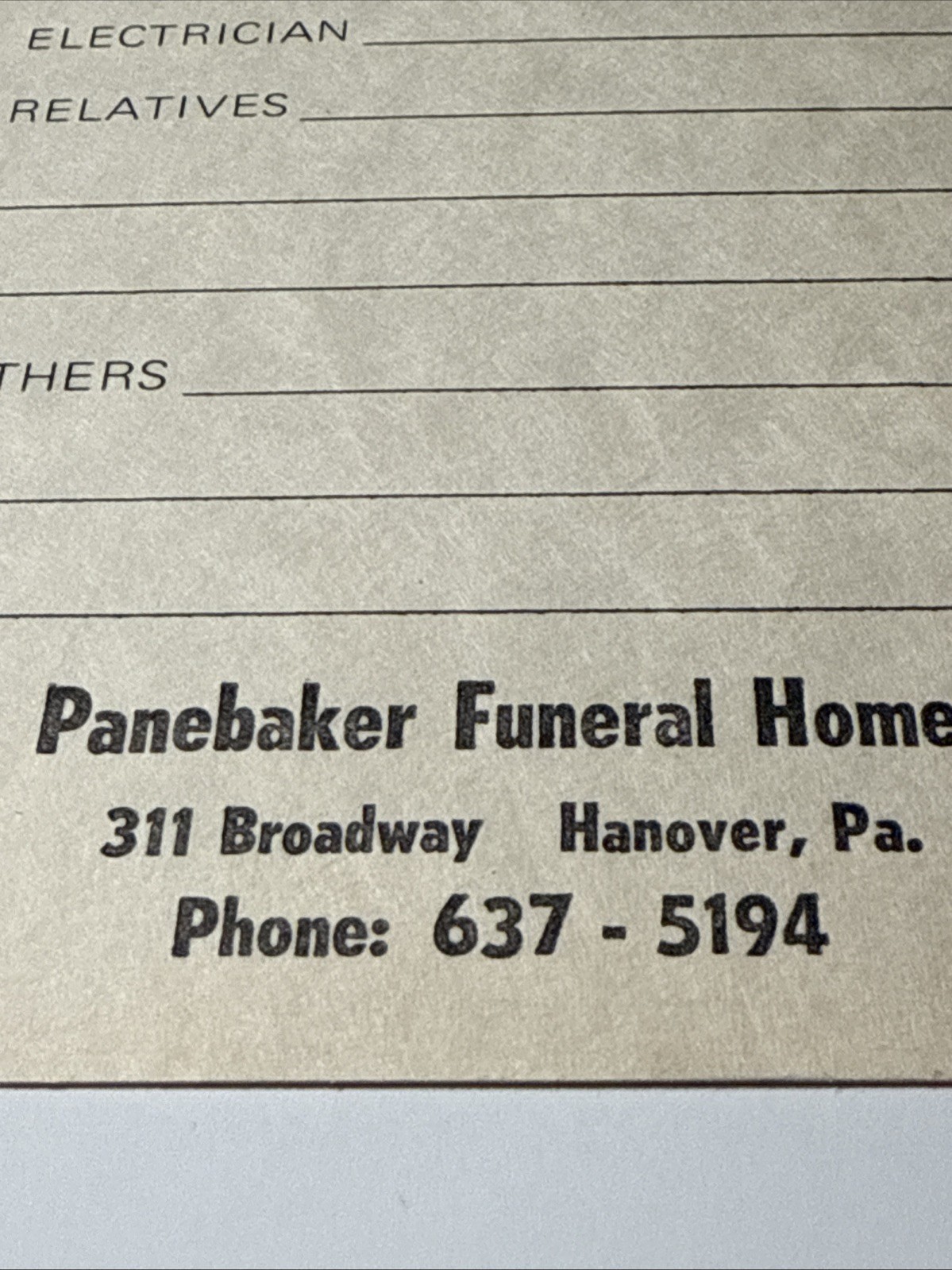 PANEBAKER FUNERAL HOME Advertising Calendar Hanover PA Emergency Numbers 1982