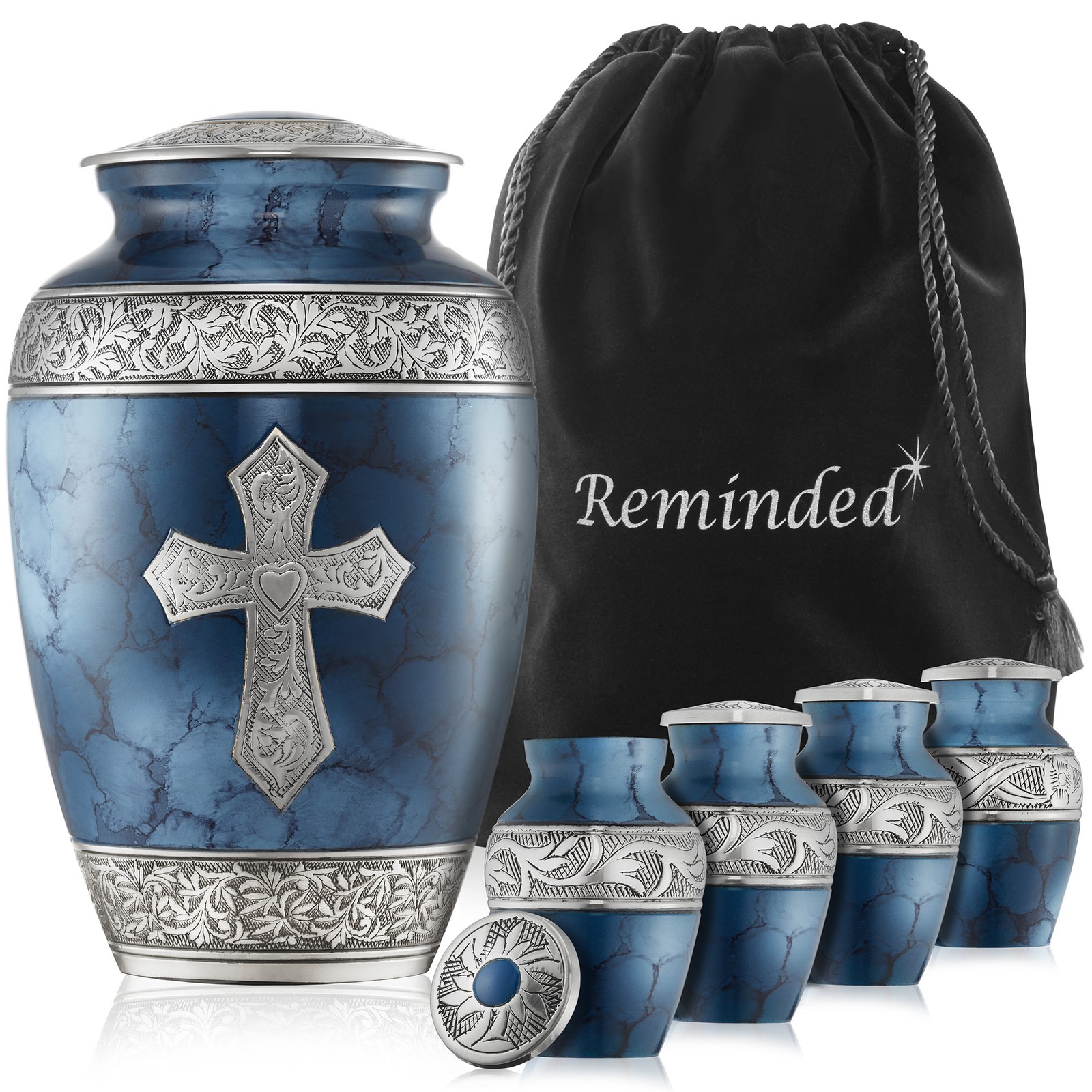 Set of 5 Cross Cremation Urns for Human Ashes, 1 Brass Adult, 4 Keepsake – Blue