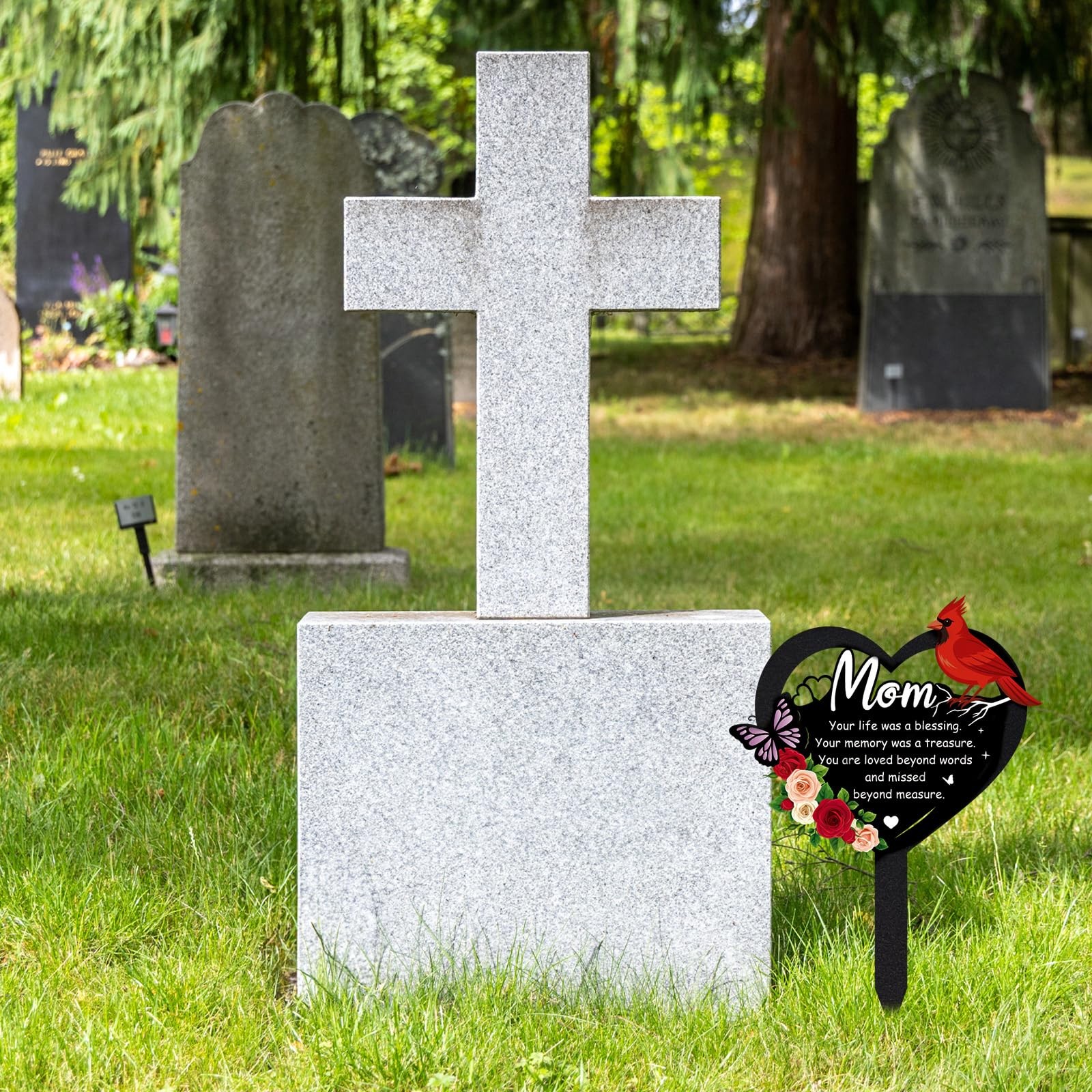 Grave Decorations for Cemetery – Memorial Metal Heart Cardinal Stakes Outdoor