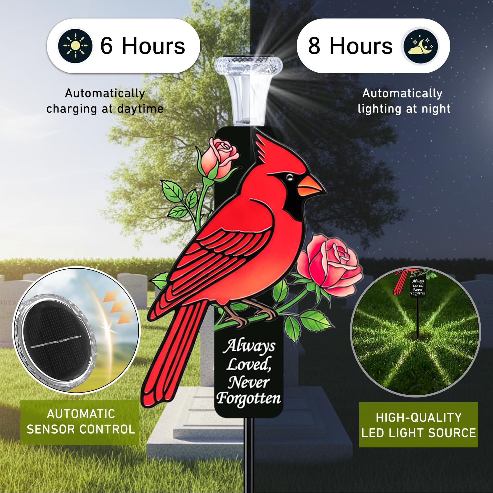 Solar Cardinal Memorial Stakes for Graves – Metal Cemetery Decorations with L…