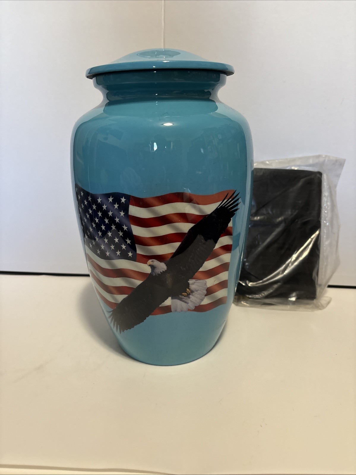 Large Urn For Human Ashes Aluminum Metal Urn 200 Cu In Blue USA Eagle Open Box