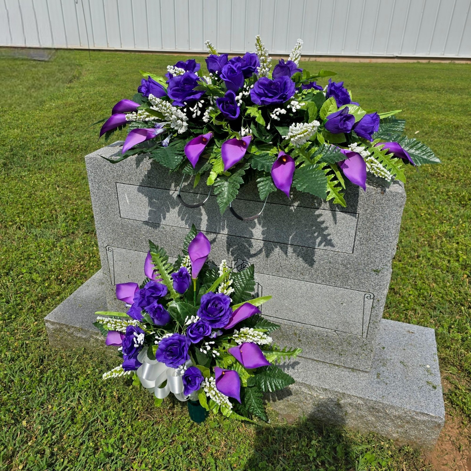 Purple Calla Lily and Rose Headstone Saddle and Cemetery Cone