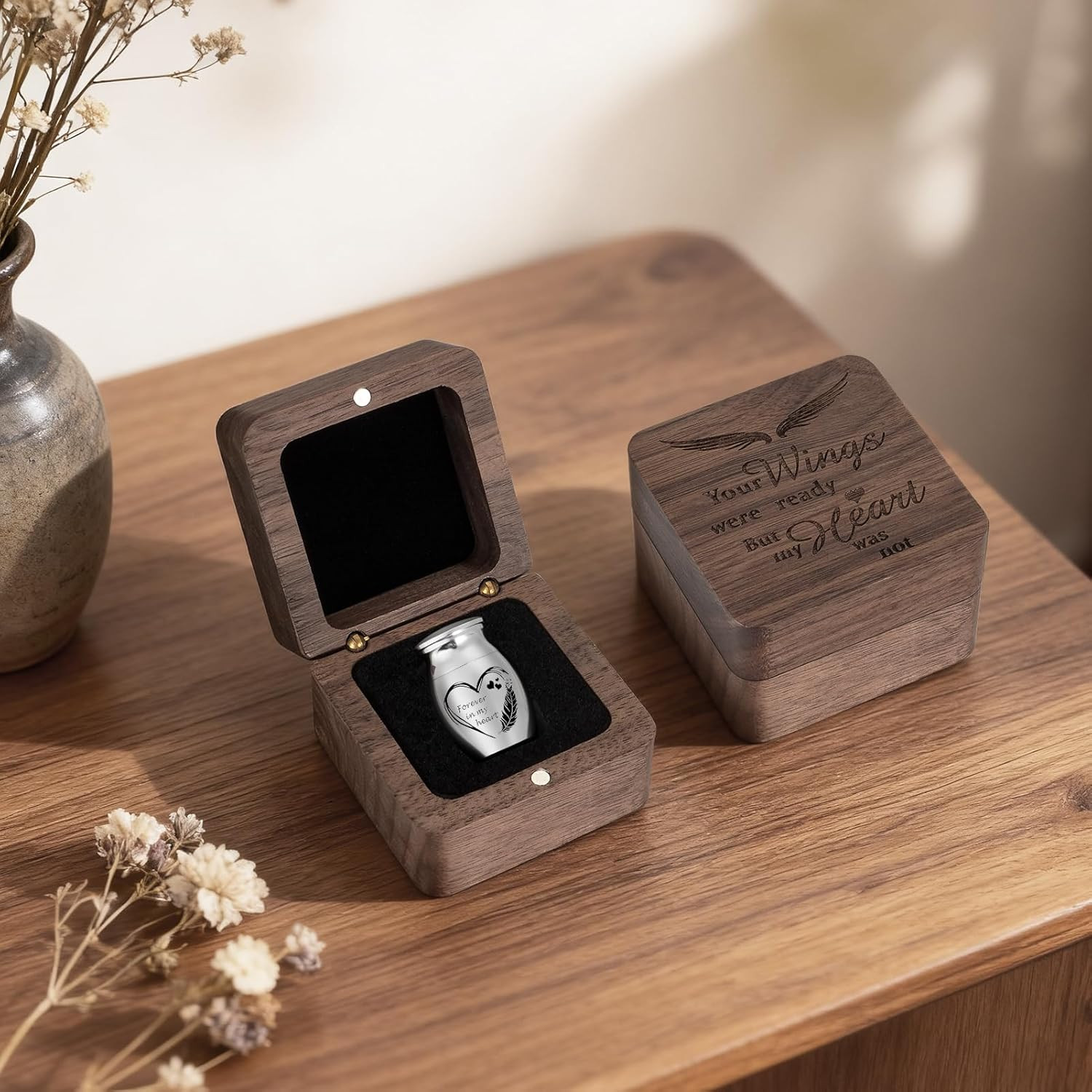 Angel Wing Small Urns for Human Ashes Square Wooden Keepsake Box 1.57 Inches Hea