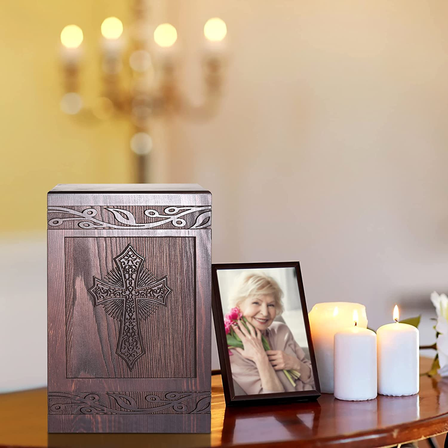 Cremation Urns for Human Ashes Adult Male Female, Wooden Carved Cross Urns Box a