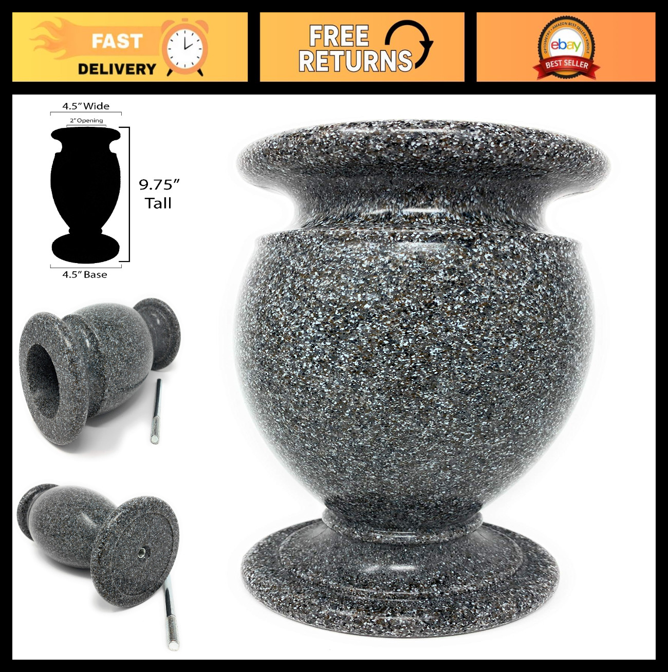 Memorial Cemetery Flower Vase – Black Granite Plastic with Metal Spike, Grave De