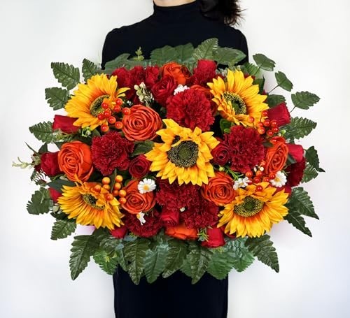 Cemetery Flowers with Grave Vase & Headstone Saddle – Red Sunflower, Rose, Daisy