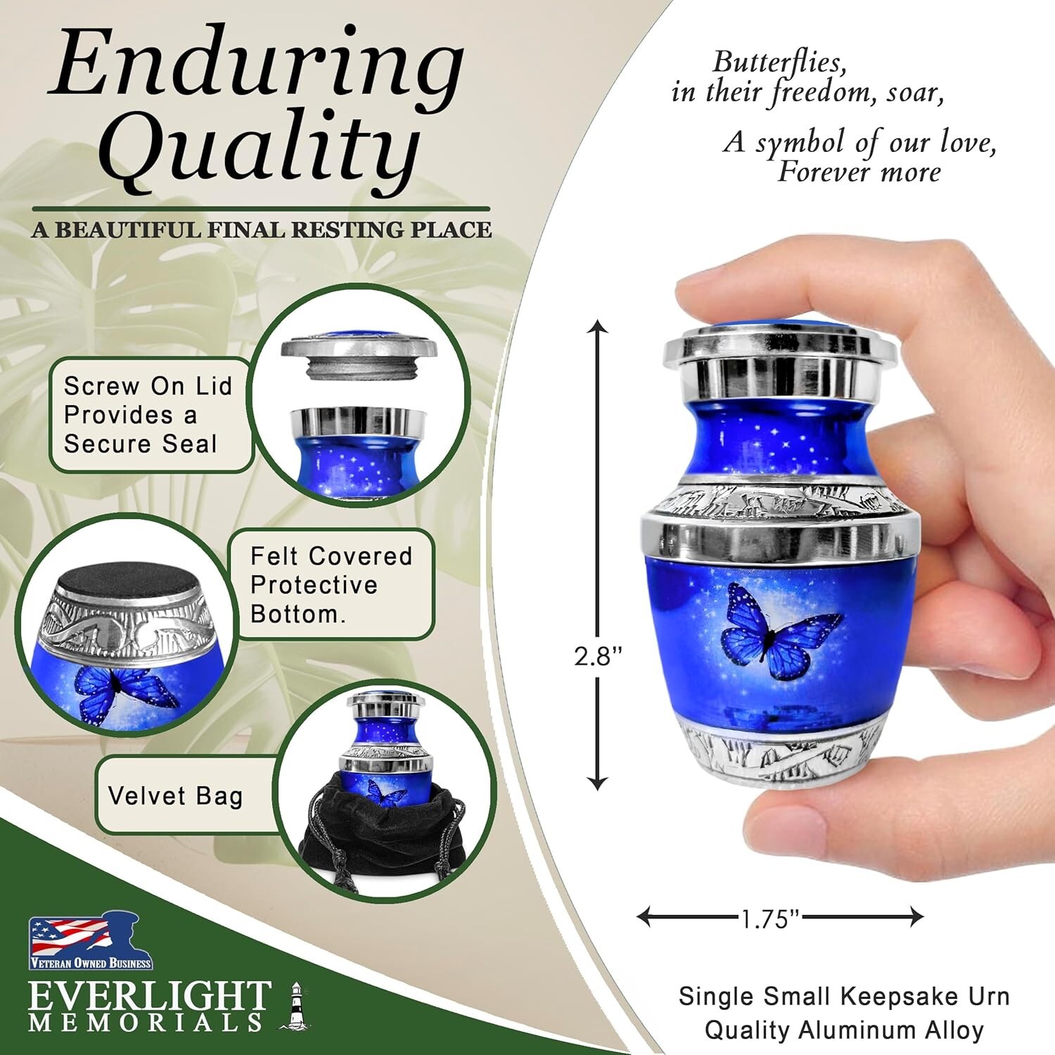 Small Keepsake Cremation Urns for Human Ashes – Dark Blue Butterfly