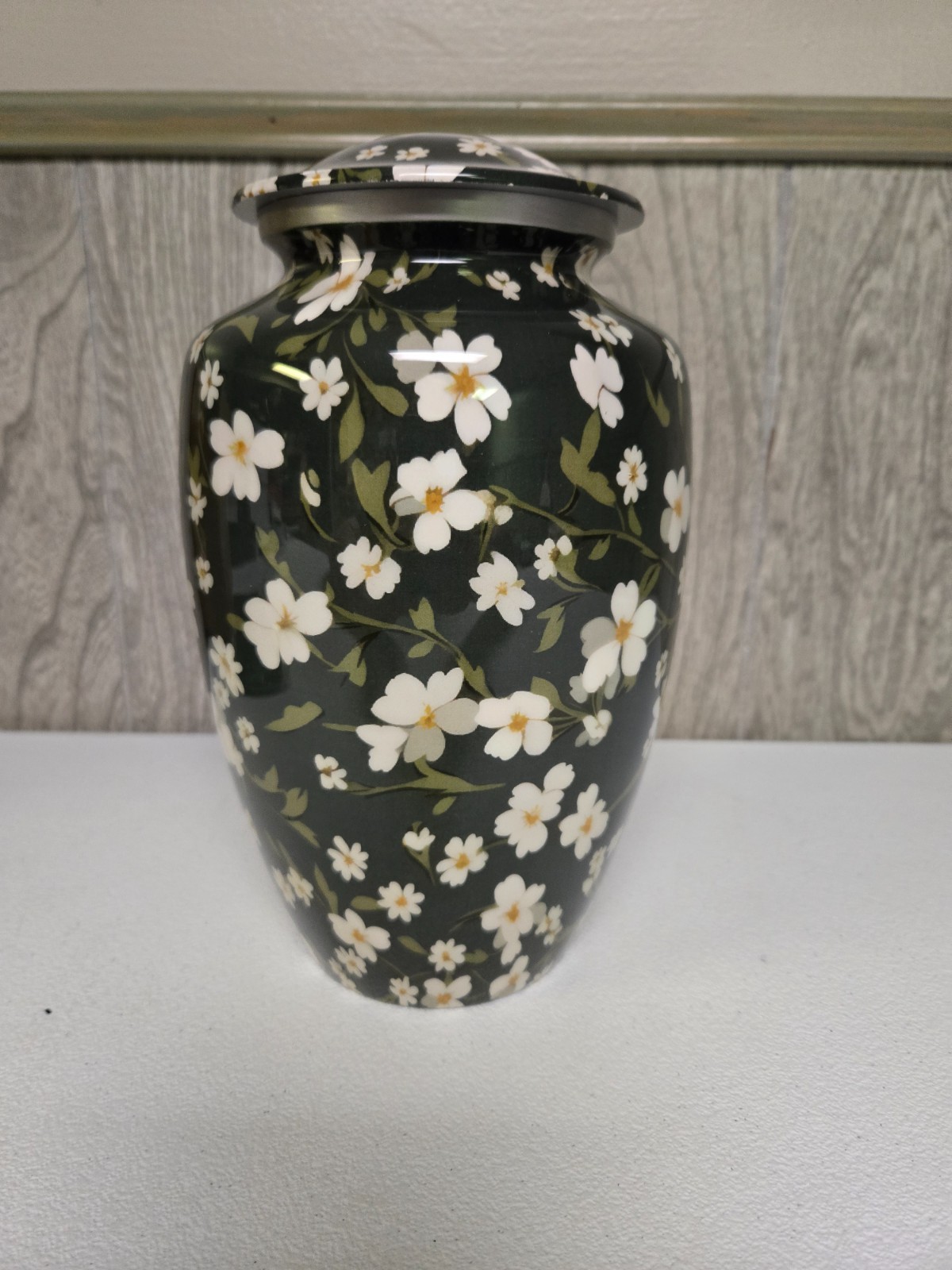 Cogent Memorials Cremation Urn for Ashes Green with White Floral Design – 200 Cu