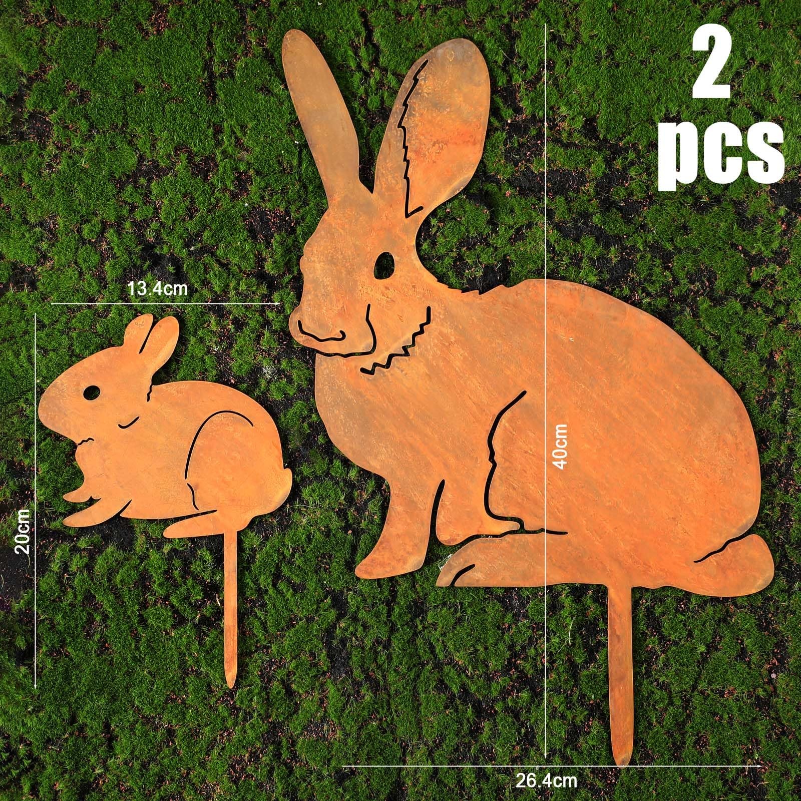2 Pack Mama and Baby Bunny Garden Stake, Metal Bunny Statue Realistic Long Ea…