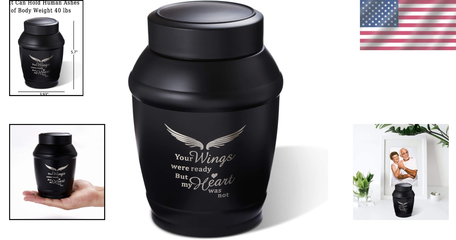 Beautiful 5.7 Inch Black Wings Urn for Ashes – Secure & Durable Memorial