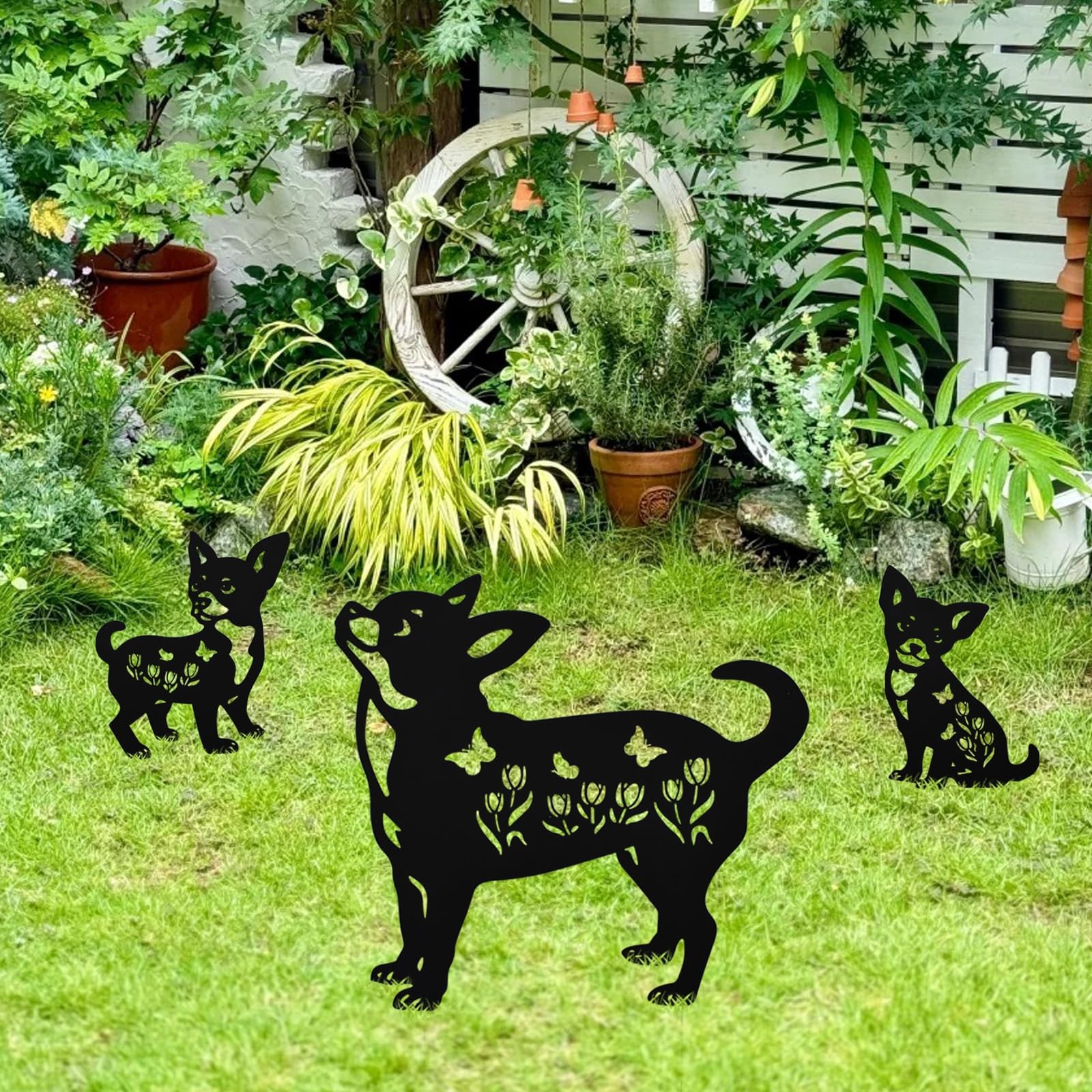 3 Pack Metal Dog Garden Stake, Decorative Chihuahua Statue, Black Dog Silhoue…