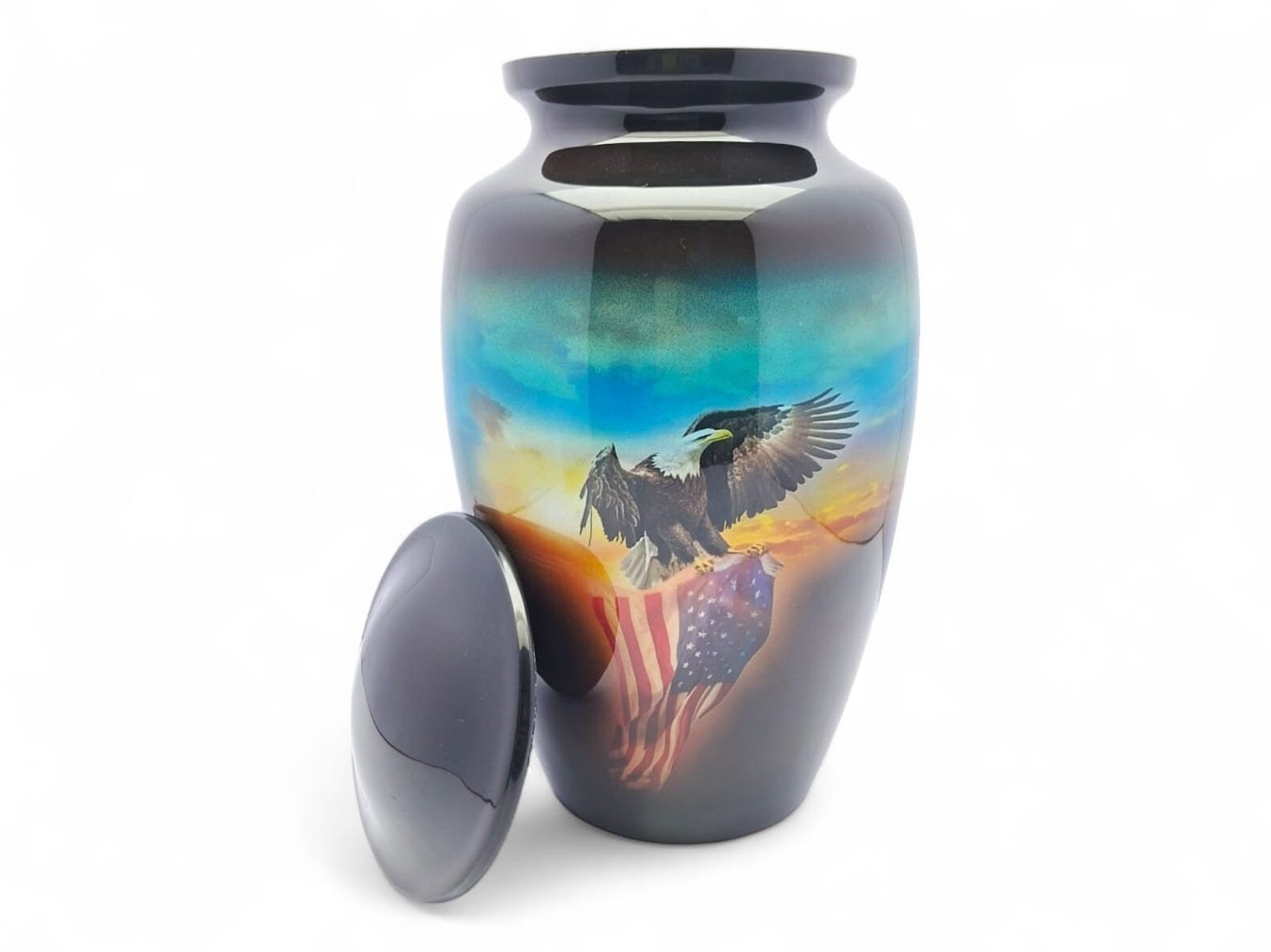 Black USA Flag & Eagle Adult Cremation Urn Handcrafted Metal Patriotic Memorable