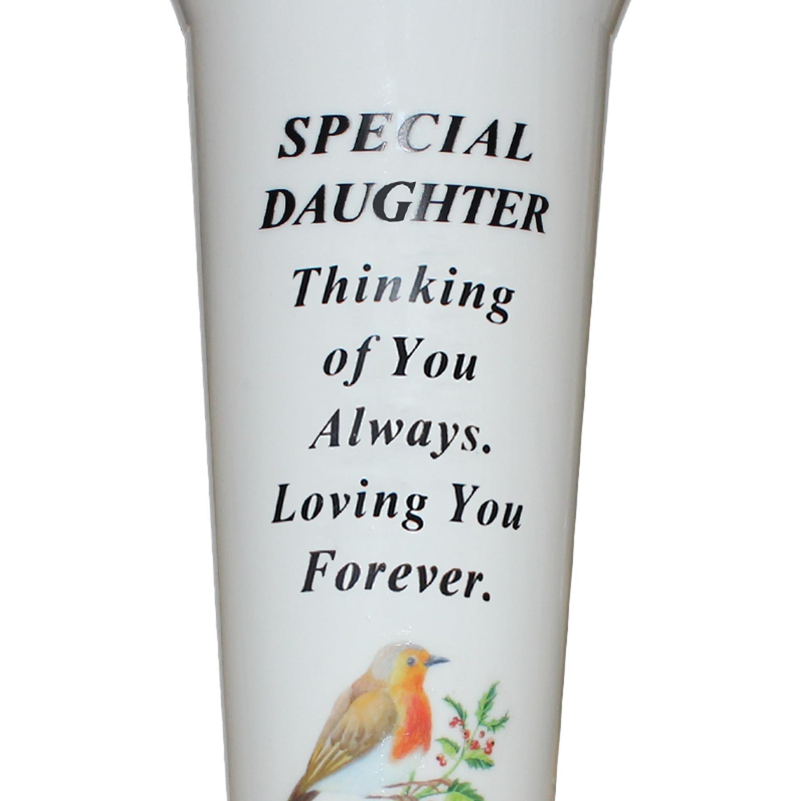 Memorial Graveside Flower Vase with Spike Robin Image – Special Daughter