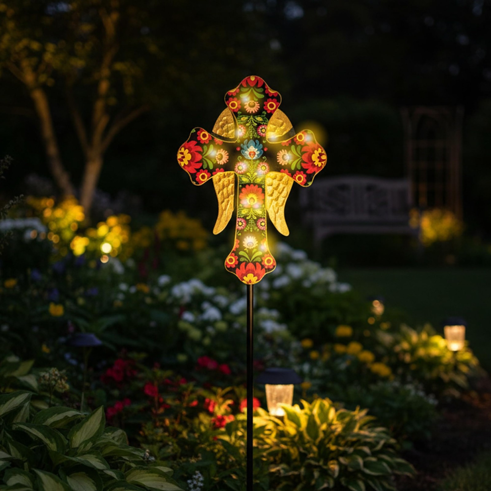 Solar Cross Lights with Angel Wings, Pink Floral Design, Memorial Garden Stake