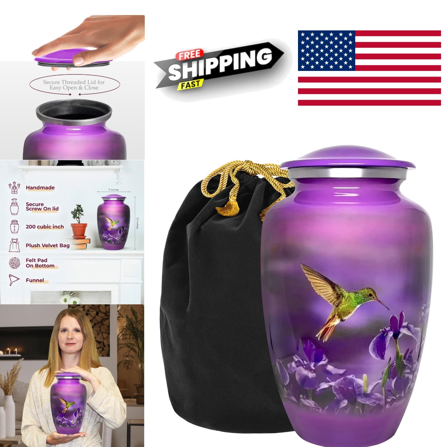 Elegant Purple Hummingbird Urn for Ashes Adult Size 200 Pounds Aluminum Finish