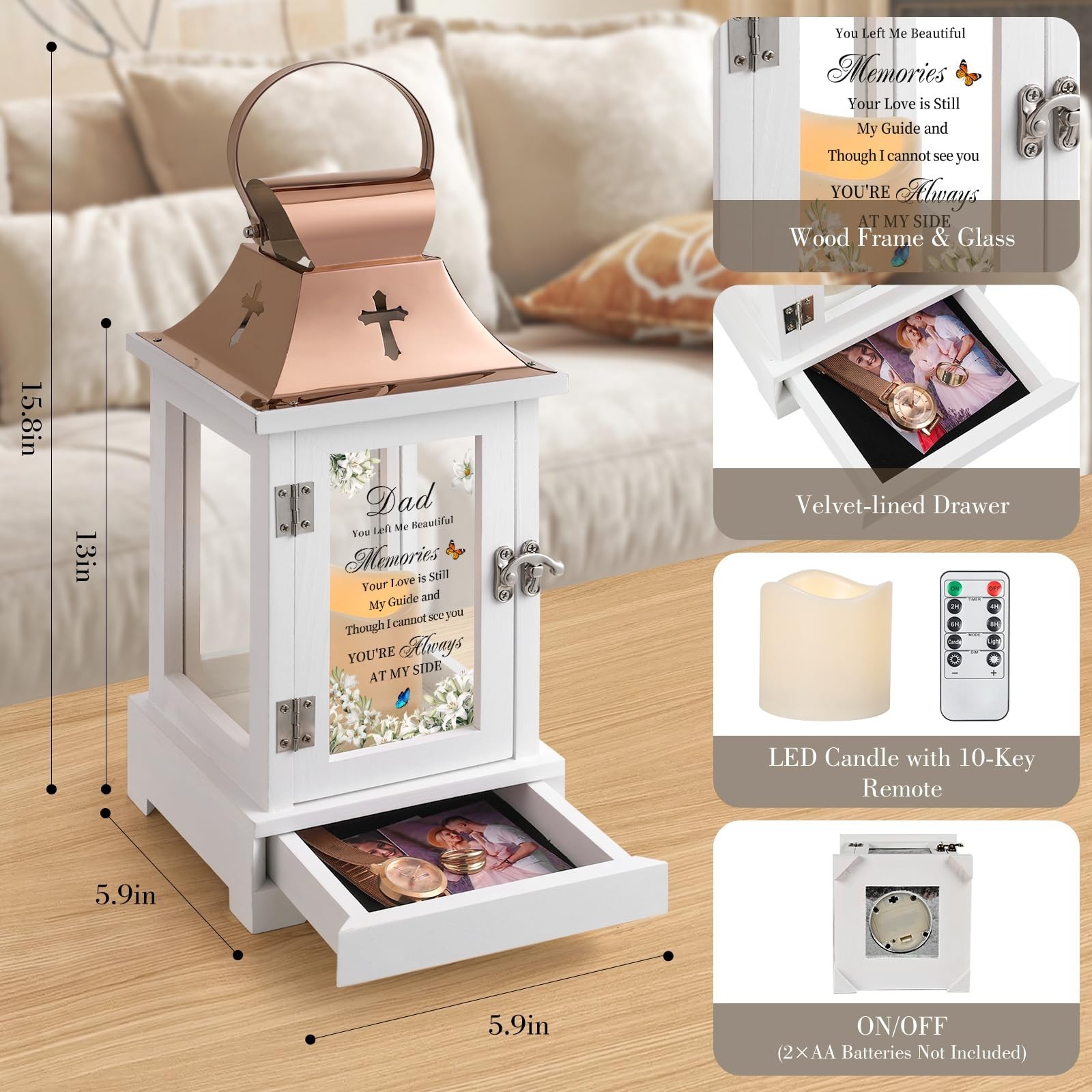 Memorial Lantern for Dad – Keepsake Drawer, Sympathy Gift for Loss of Father