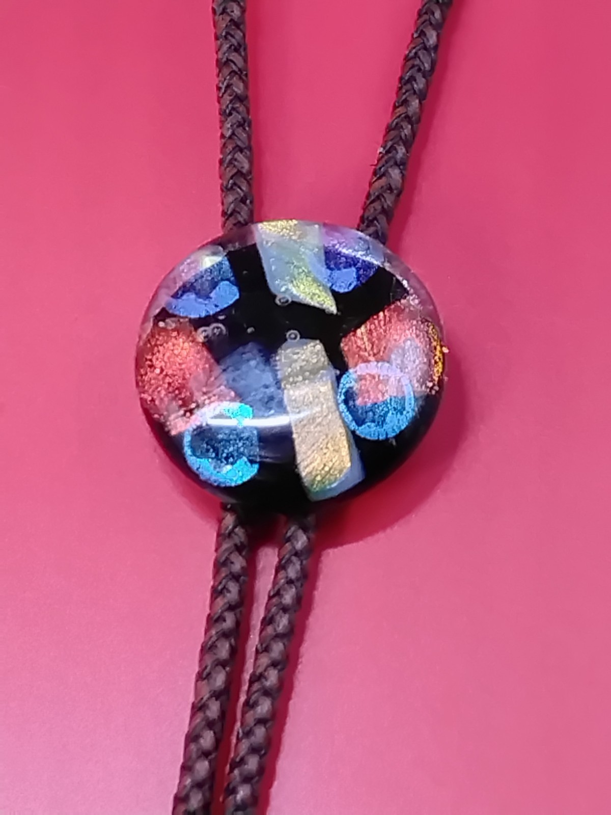 Dichroic Bolo for Cremation Urn | Remembrance Urn Bolo | Brown Genuine Leather
