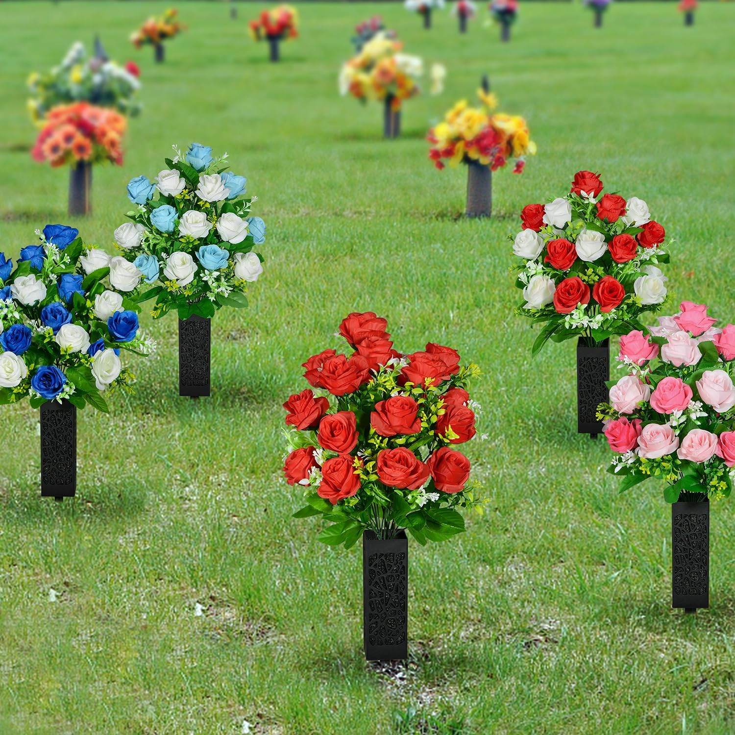 Artificial Cemetery Flowers, Set of 2 Grave Memorial Flowers with Vase, Artifici