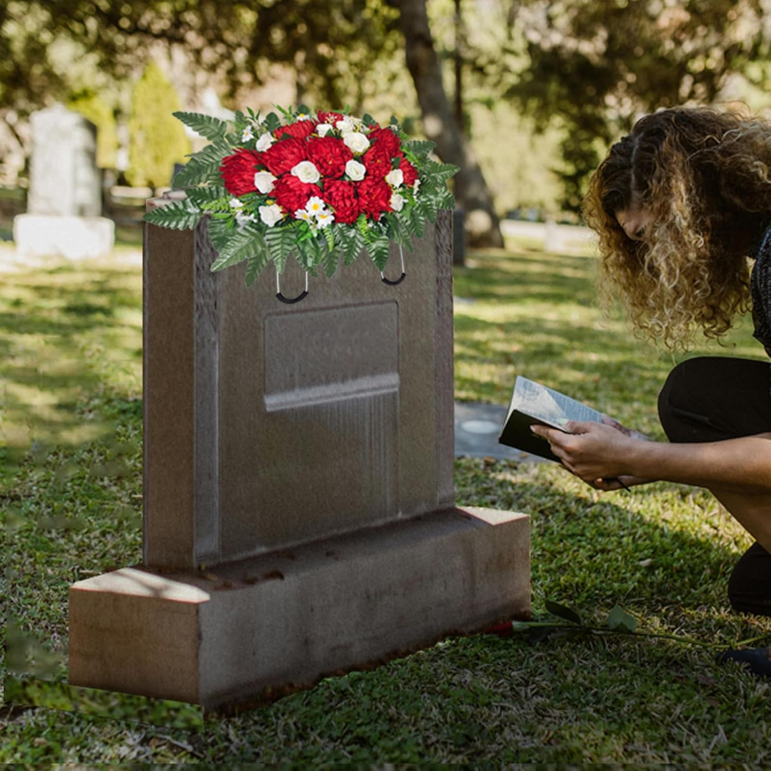 Artificial Cemetery Flowers – Red Roses & Chrysanthemums for Grave Saddle
