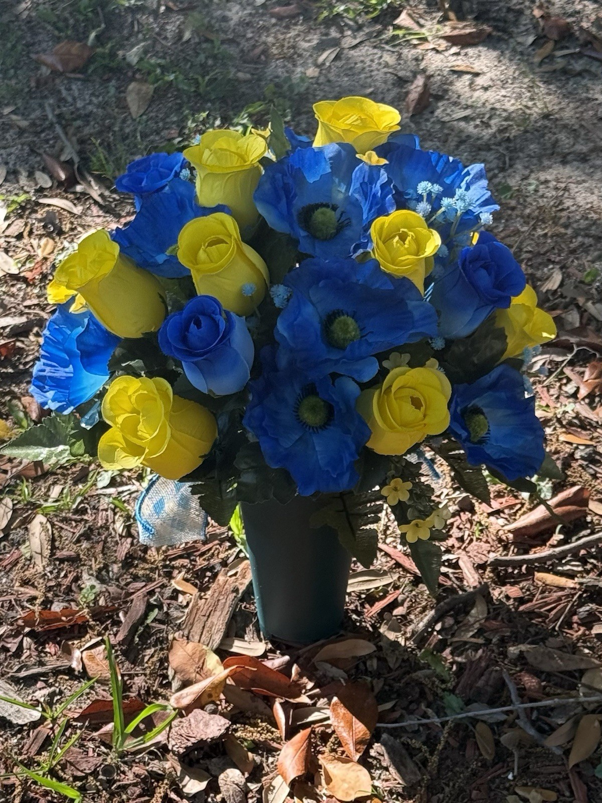 Cemetery Vase Memorial Silk Flower Arrangement Blue Two Tone & Yellow